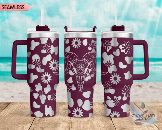 Boho Cow Skull Western Laser Engraved Full Wrap Design for 40oz Tumbler, Digital Download, Seamless Cow Pattern Design, Laser Rotary SVG