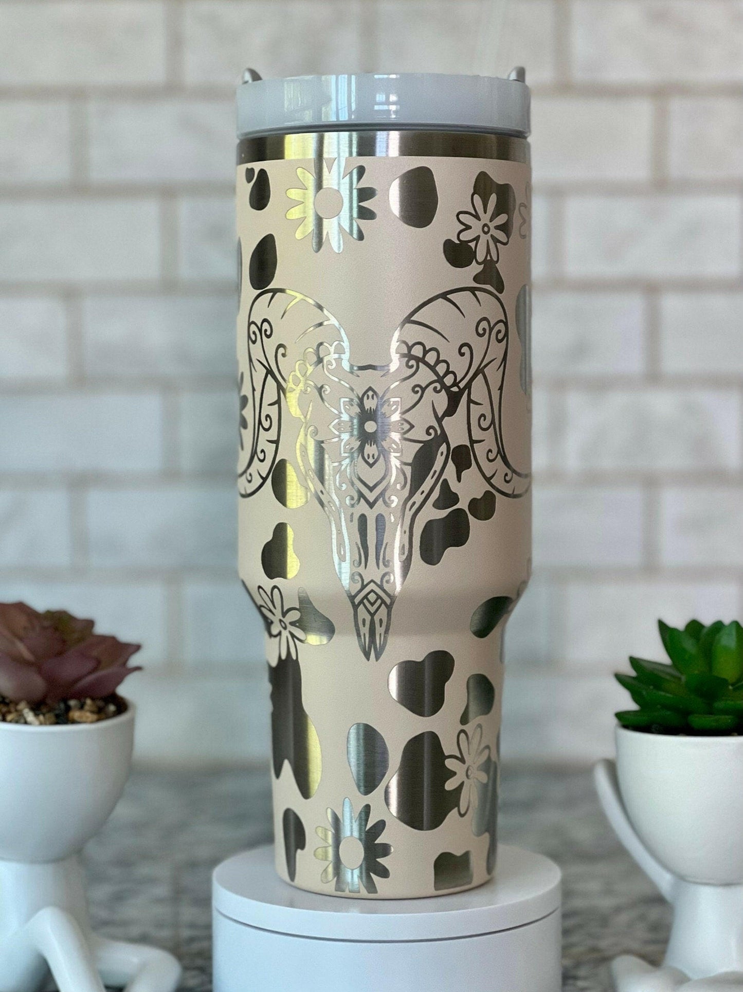 Boho Cow Skull Western Laser Engraved Full Wrap Design for 40oz Tumbler, Digital Download, Seamless Cow Pattern Design, Laser Rotary SVG