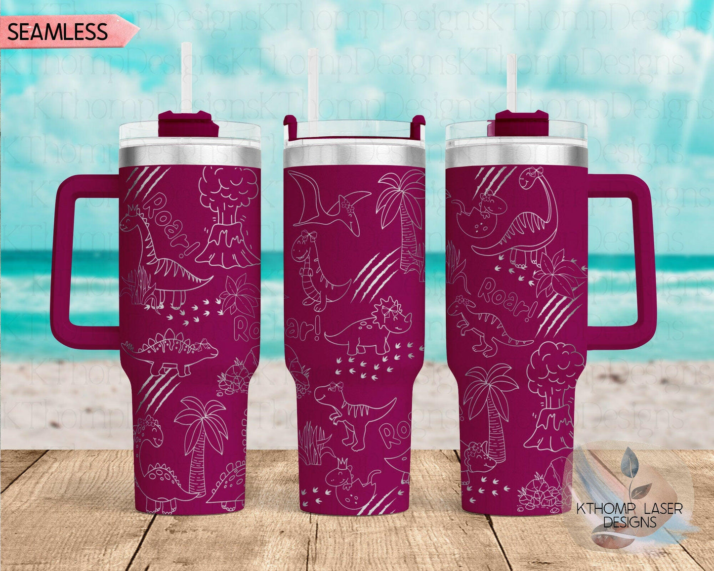 Dinosaur Doodles Laser Engraved Full Wrap for 40oz Tumbler, 3 Versions Included, Digital Download, Seamless Design, Laser Rotary SVG