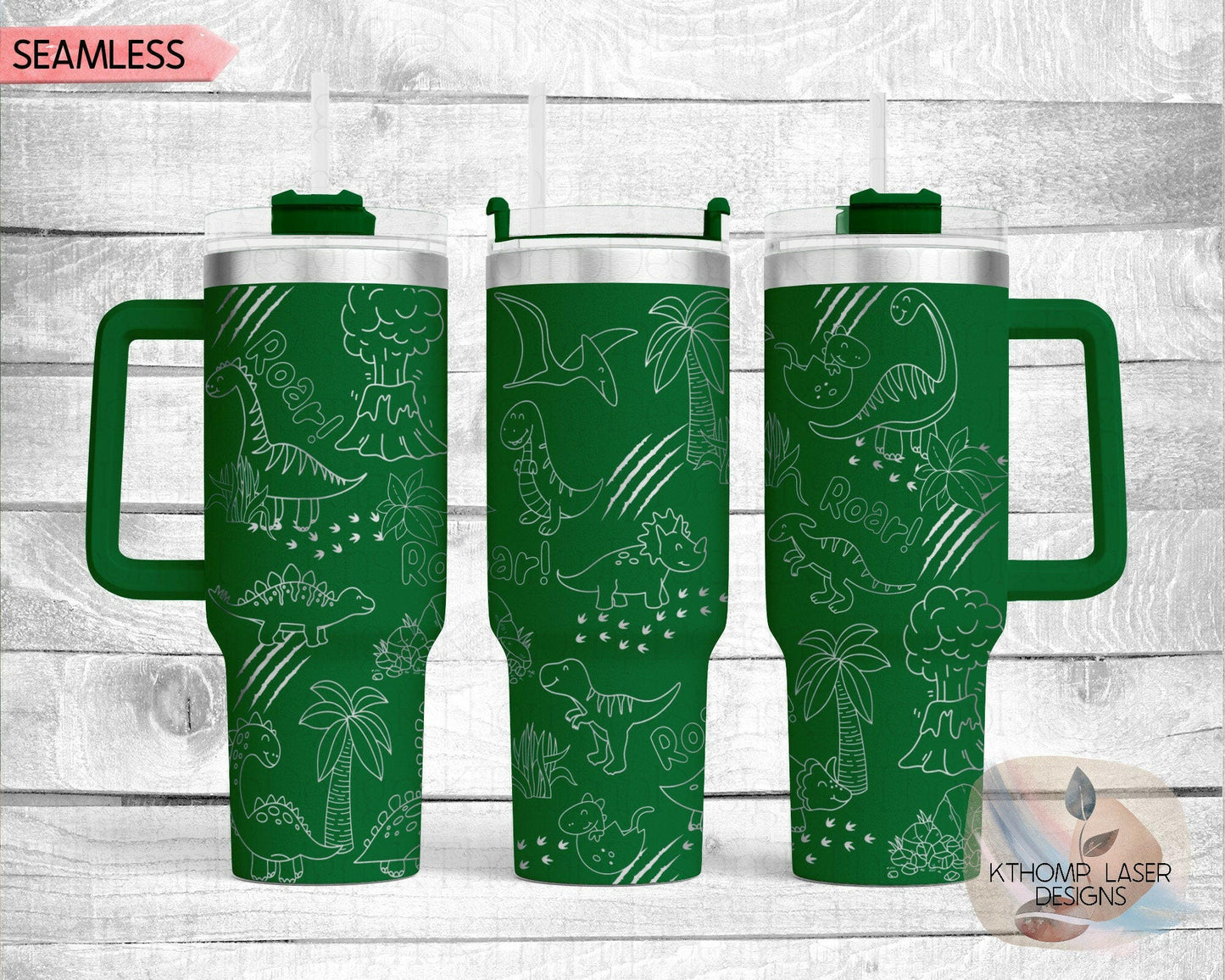 Dinosaur Doodles Laser Engraved Full Wrap for 40oz Tumbler, 3 Versions Included, Digital Download, Seamless Design, Laser Rotary SVG