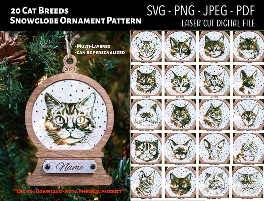 Cat Breed Snowglobe Christmas Ornaments SVG, PNG (20 Cats)