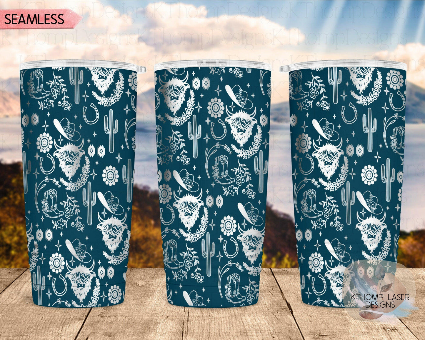 Highland Cow Western Laser Engraved Wrap Design for 20oz & 30oz Tumblers, Digital Download, SVG, Seamless Design, Tumbler Wrap For Rotary