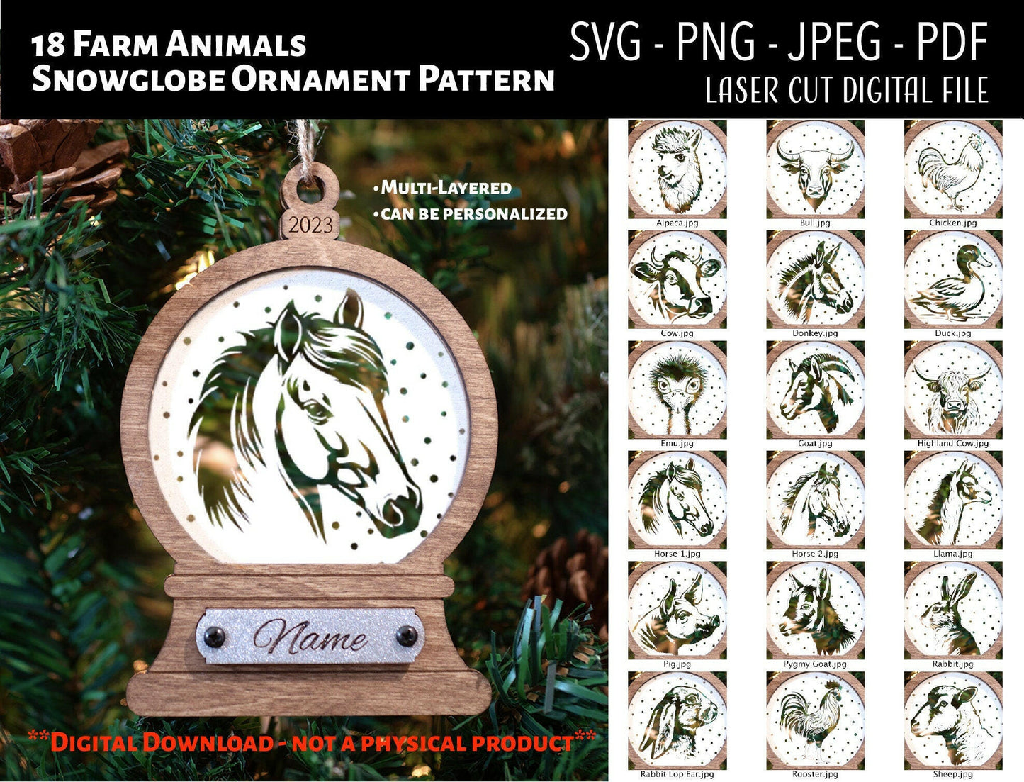 Farm Animal Christmas Snowglobe Ornaments SVG and PNG Digital Files (15 Animals)