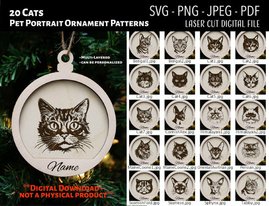 Cat Pet Portrait Ornament Digital Files SVG/PNG - (20 Cats)
