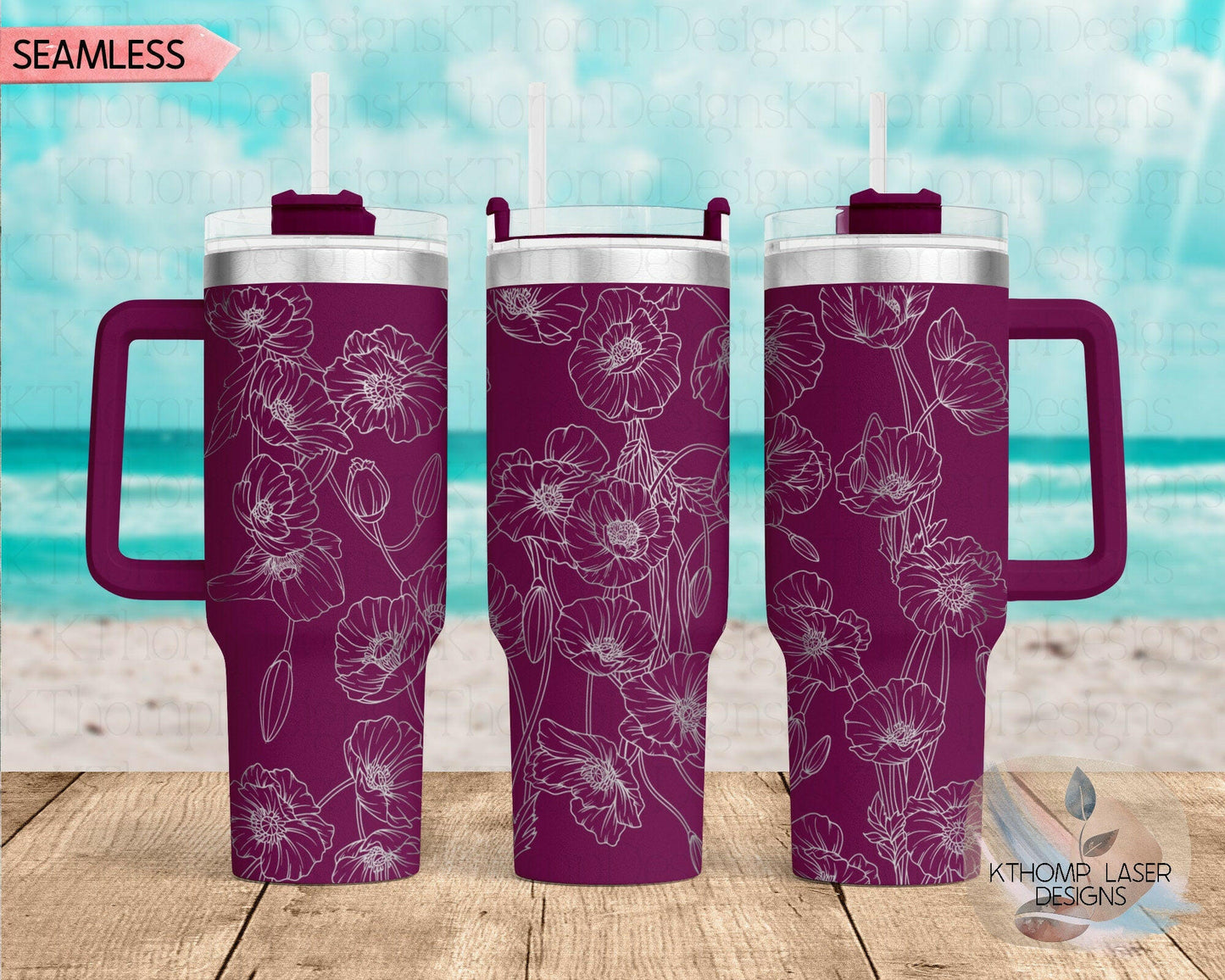 Poppies Laser Engraved Full Wrap Design for 40oz Tumbler, Digital Download, SVG, Floral Seamless Design, Tumbler Wrap For Laser Rotary