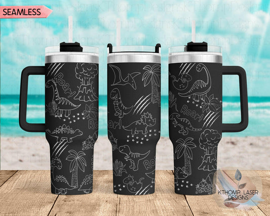 Dinosaur Doodles Laser Engraved Full Wrap for 40oz Tumbler, 3 Versions Included, Digital Download, Seamless Design, Laser Rotary SVG