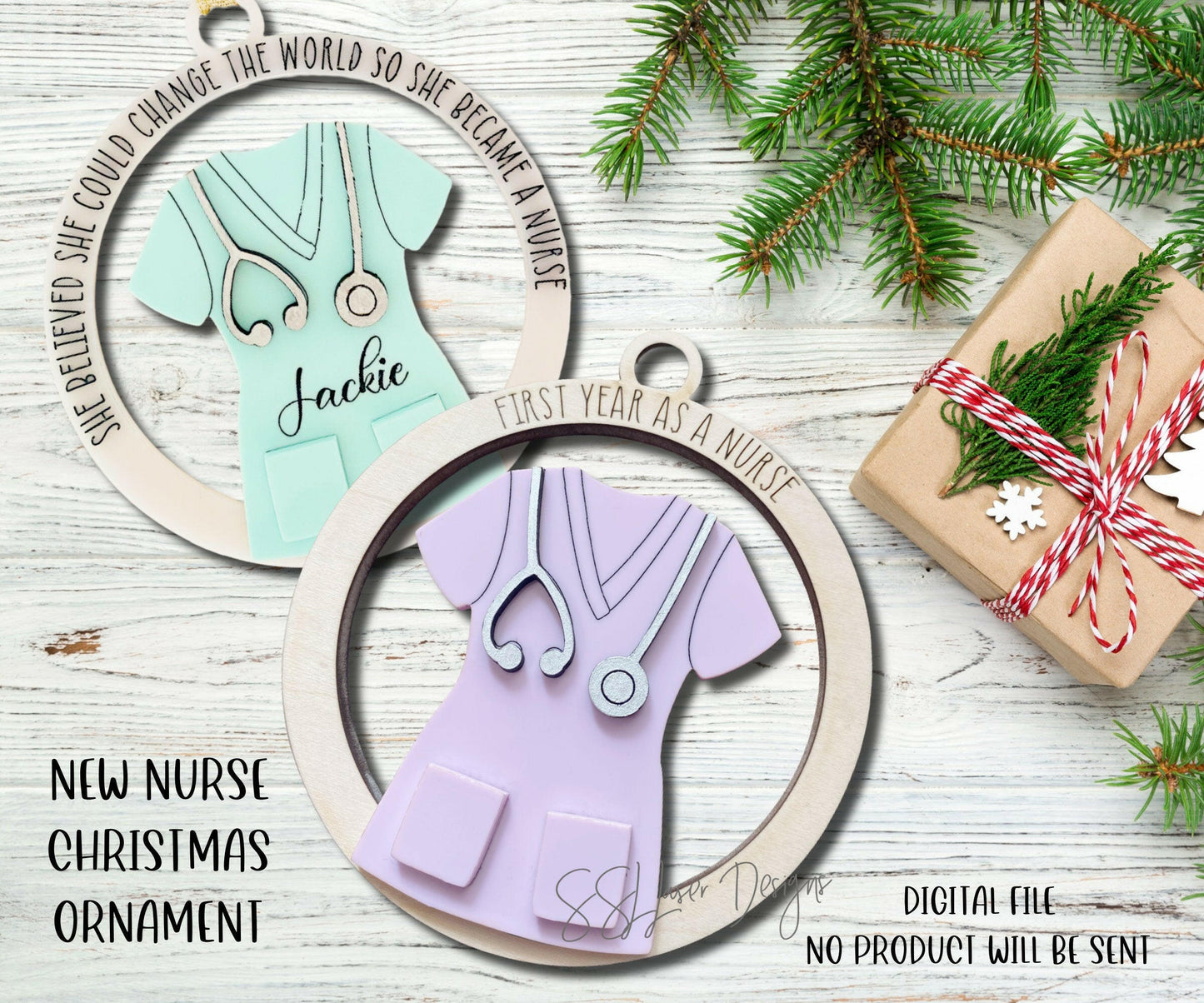 New Nurse Christmas Ornaments SVG File, Nurse Ornaments SVG Laser File, First Year as a Nurse Ornament SVG File, Glowforge Nurse Ornament