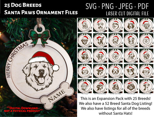 Santa Paws Dog Breed Christmas Ornament Digital Files SVG/PNG (Expansion Pack 1 - 25 Additional Breeds)