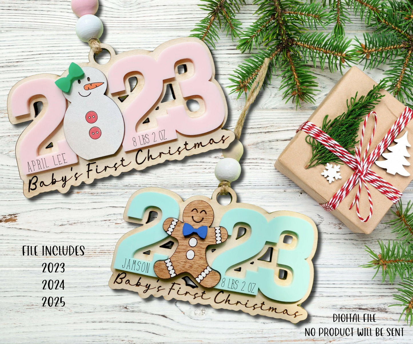 Baby's First Christmas Ornament SVG File, 2023 Baby Ornament SVG Laser Cut File, Snowman Baby Ornament Svg, Gingerbread Baby Ornament SVG