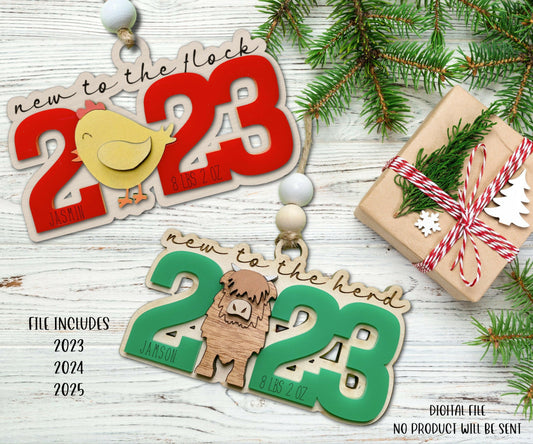Baby's First Christmas Ornament SVG File, 2023 Baby Ornament SVG Laser Cut File, Highland Cow Baby Ornament Svg, Chick Baby Ornament SVG
