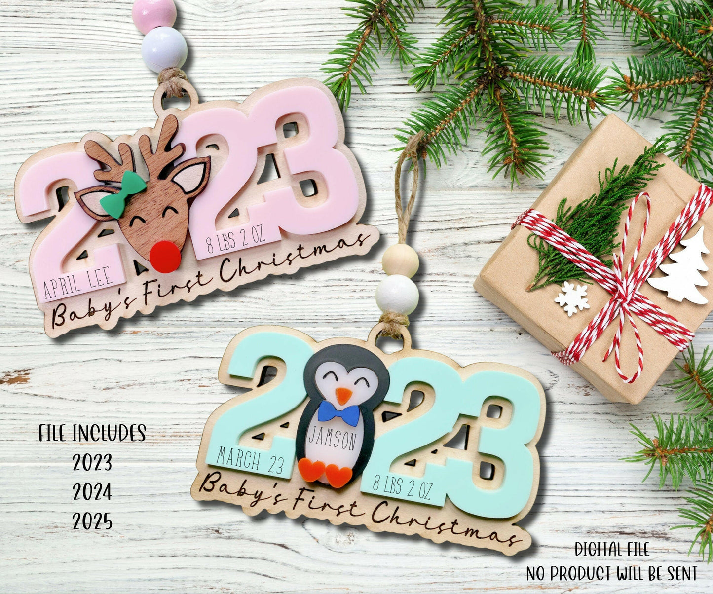 Baby's First Christmas Ornament SVG File, 2023 Baby Ornament SVG Laser Cut File, Penguin Baby Ornament Svg File, Reindeer Baby Ornament SVG