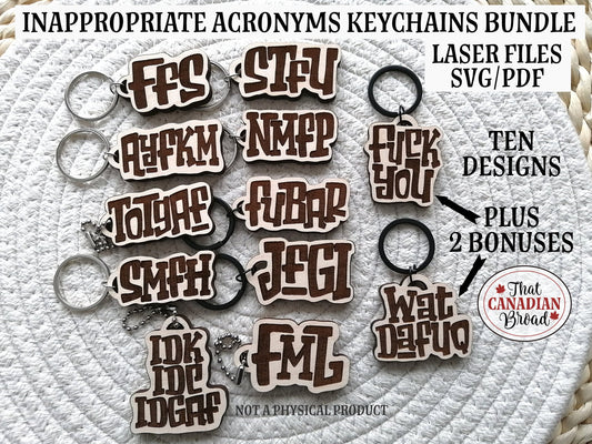 Inappropriate Acronyms Keychains Bundle, 10 designs plus 2 bonuses, Inappropriate, Laser Files Adult Only,Adult humour, Adult Humor, Funny keychains, Laser file