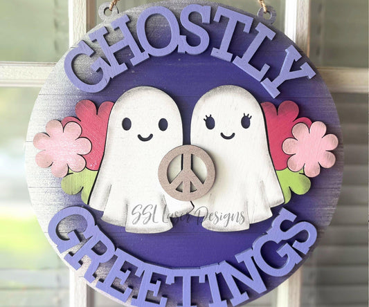 Ghostly Greetings Door Sign SVG File, Retro Halloween Door Sign File, 80s Halloween Door Sign Laser File, Halloween Door Sign, Ghost Door