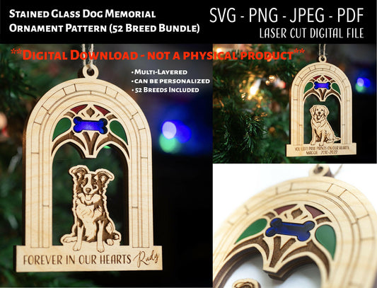 Dog Breed Christmas Stained Glass Memorial Ornament  SVG/PNG (52 Breeds)