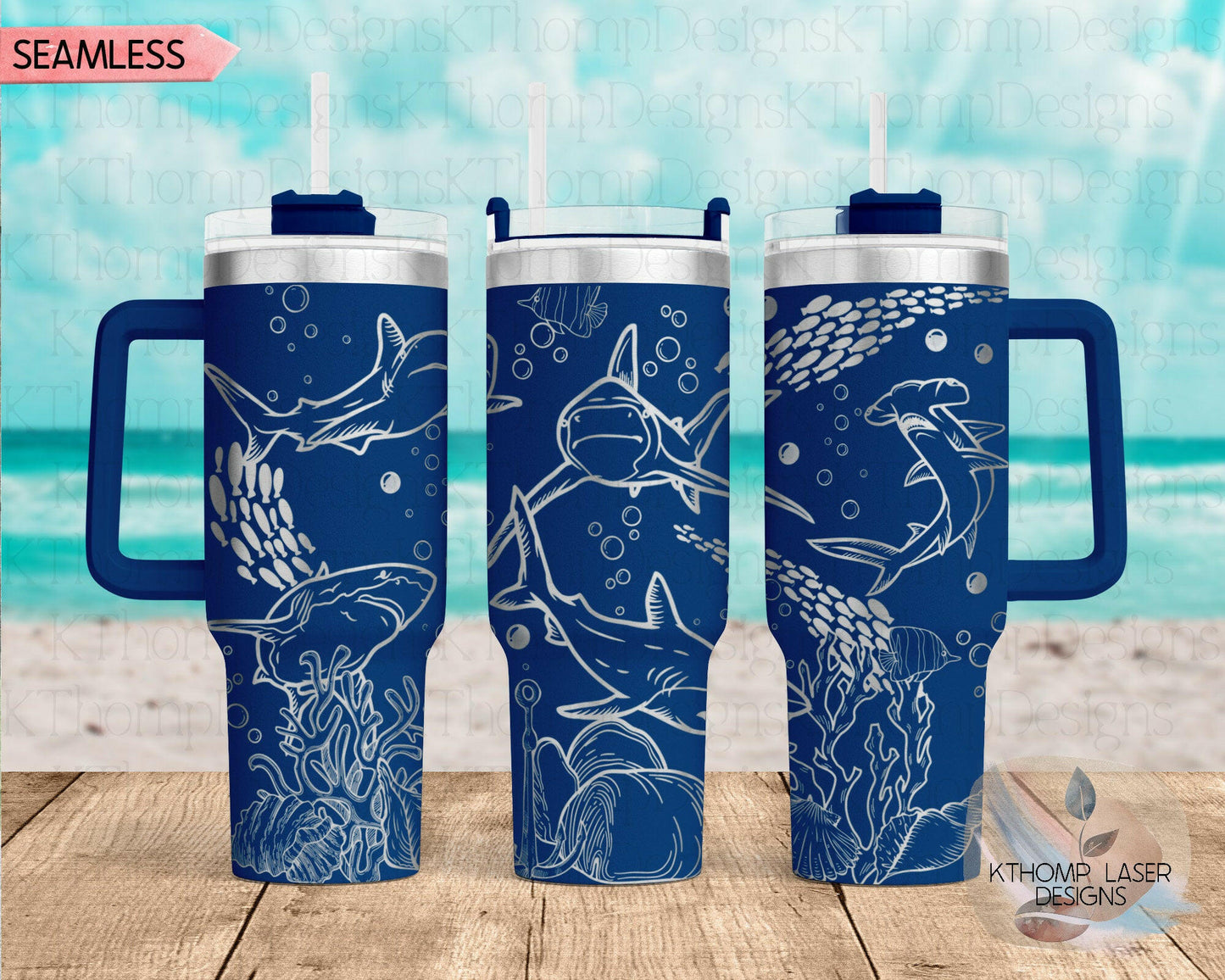 Sharks Laser Engraved Full Wrap Design for 40oz Tumbler, Digital Download, SVG, Ocean Seamless Design, Tumbler Wrap For Laser Rotary