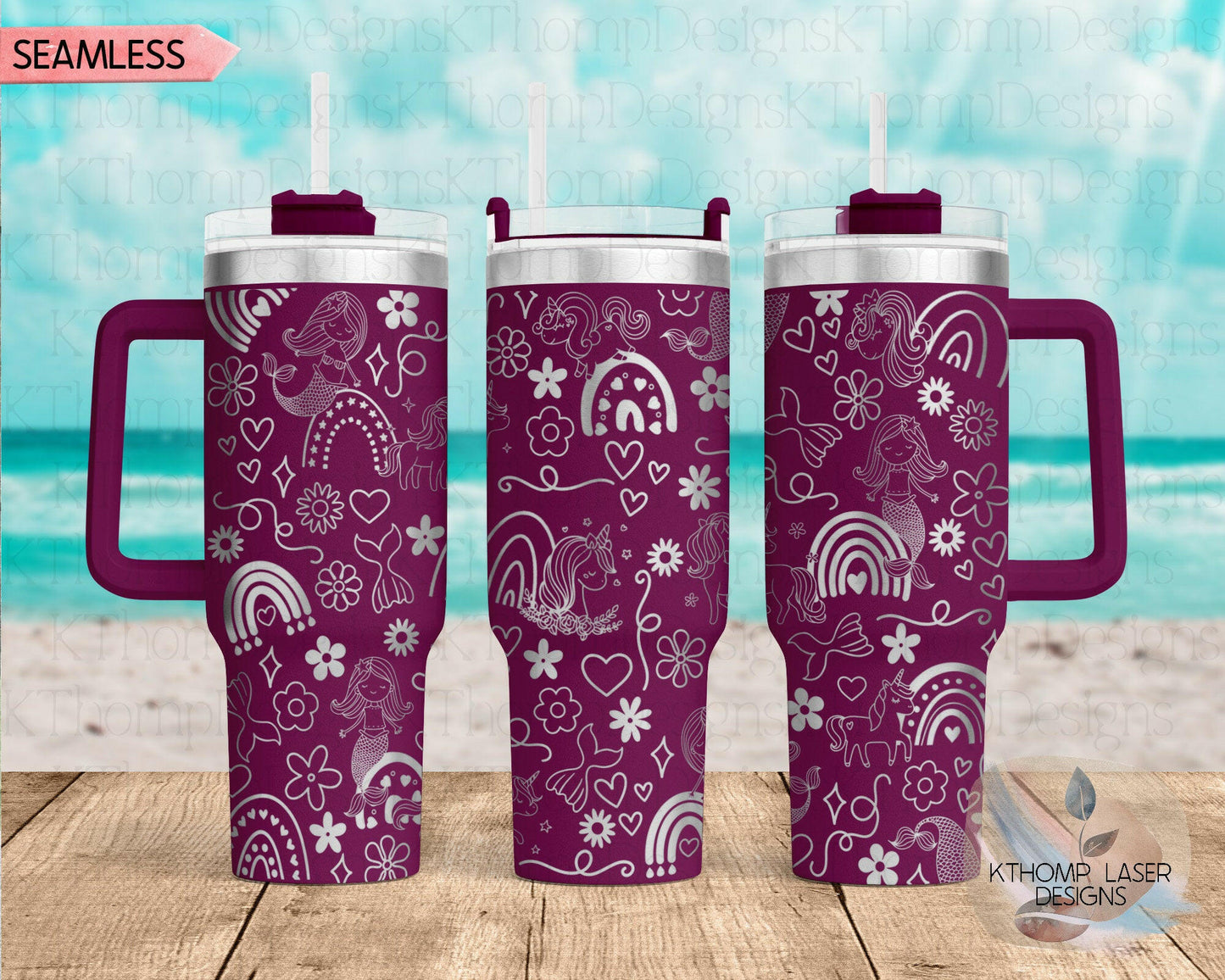 Mermaid Unicorn & Rainbow Doodles Laser Engraved Full Wrap for 40oz Tumbler, Digital Download, Seamless Design, SVG For Laser Rotary