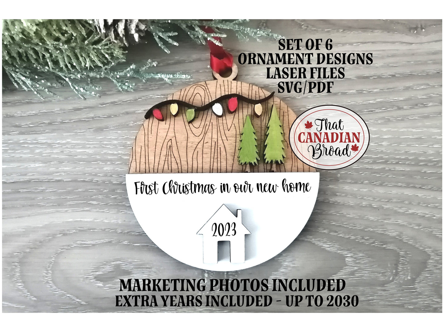 Christmas ornaments, 6 designs, woodgrain, updated to include 2022 to 2030, laser files, svg, pdf