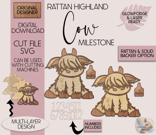 Rattan Highland Cow Milestone Laser Cut File,Baby Milestone,Boho Nursery Sign,SVG,Interchangeable Milestone,Custom Gift,Glowforge,XTool