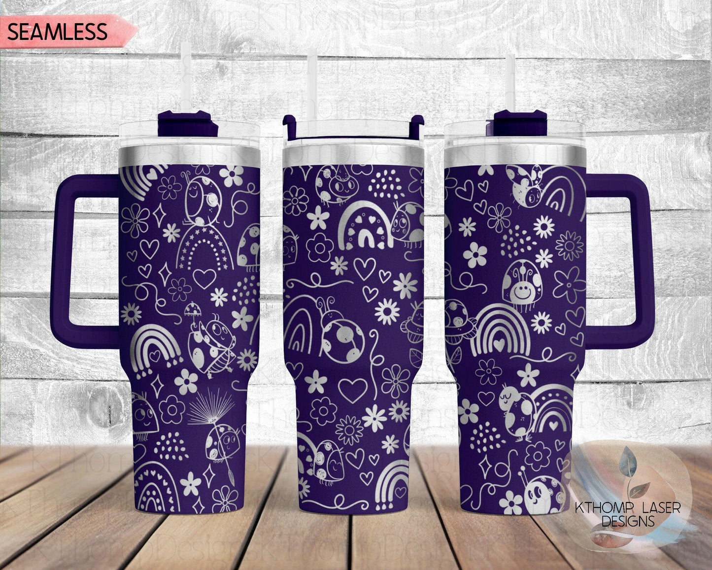 Lady Bugs & Rainbows Doodles Laser Engraved Full Wrap for 40oz Tumbler, Digital Download, Seamless Design, SVG For Laser Rotary