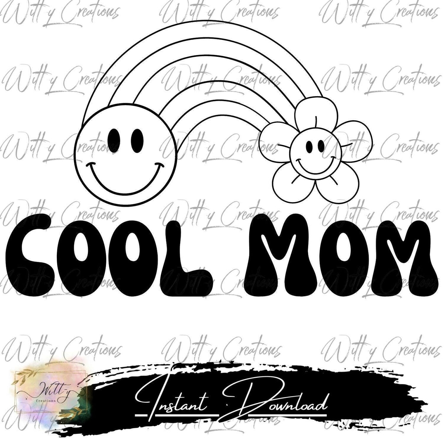 Retro Cool Mom PNG Digital Download - Smiley Face & Daisy Rainbow Art - Instant Printable for Super Moms