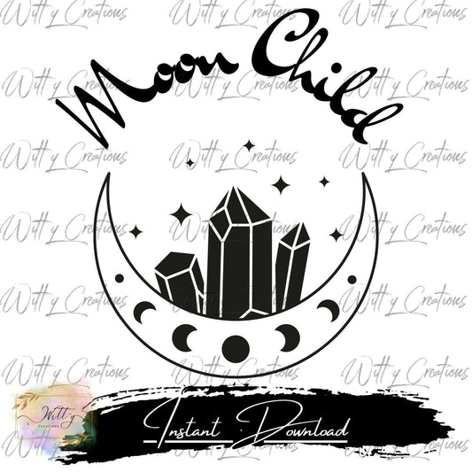 Celestial Moon Child PNG Digital Download with Crystal Magic and Lunar Phases - Mystical Art Print, Boho Wall Decor, Spiritual Clipart