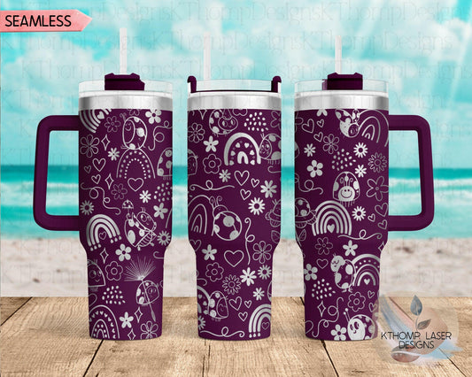 Lady Bugs & Rainbows Doodles Laser Engraved Full Wrap for 40oz Tumbler, Digital Download, Seamless Design, SVG For Laser Rotary