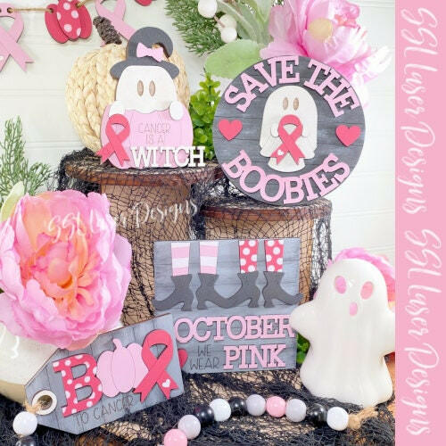 Breast Cancer Tiered Tray SVG, October Breast Cancer Tiered Tray SVG, Ghost Tiered Tray SVG Laser File, Halloween Laser File, Cancer File