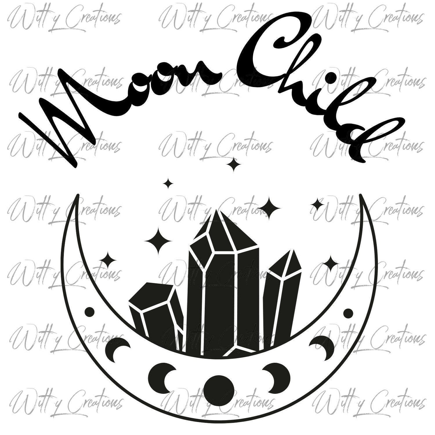 Celestial Moon Child PNG Digital Download with Crystal Magic and Lunar Phases - Mystical Art Print, Boho Wall Decor, Spiritual Clipart