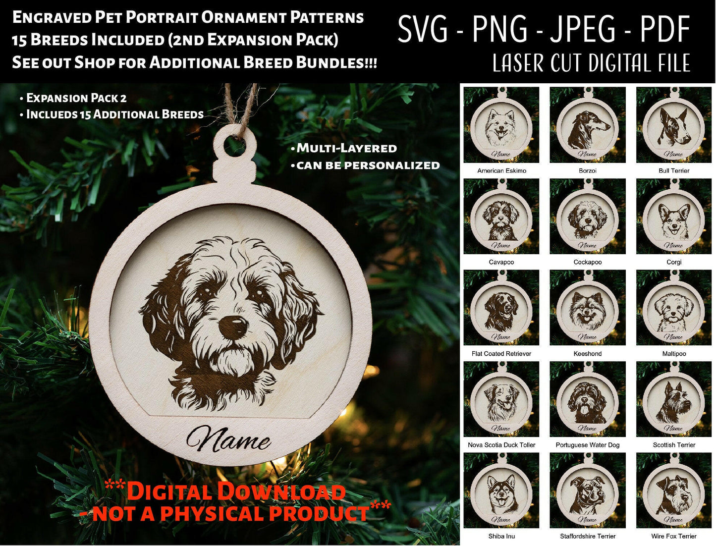 Dog Breed Pet Portrait Christmas Ornament Digital Files SVG/PNG (Expansion Pack 2 - 15 Additional Breeds)