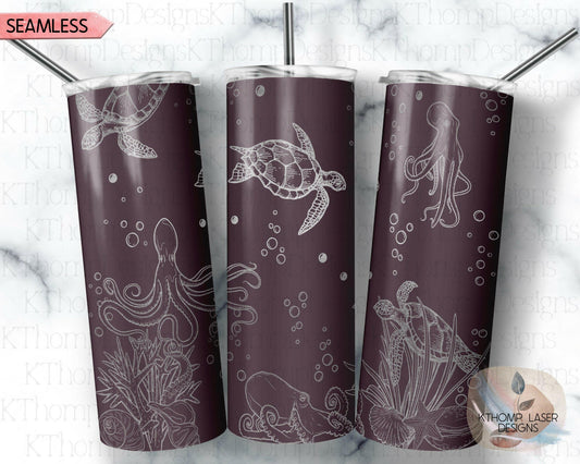 Octopus and Turtles Laser Engraved Full Wrap Design for 20oz Skinny Tumbler, Digital Download, SVG, Seamless Design, Tumbler Wrap For Rotary