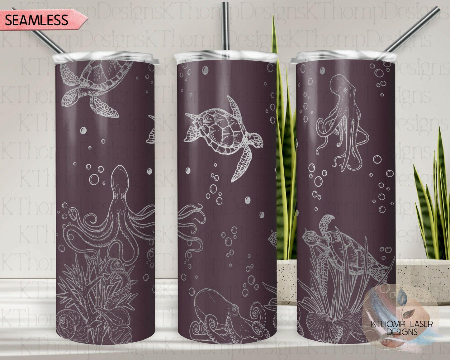 Octopus and Turtles Laser Engraved Full Wrap Design for 20oz Skinny Tumbler, Digital Download, SVG, Seamless Design, Tumbler Wrap For Rotary