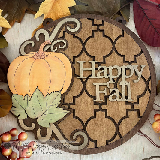 3D Pumpkin layered Door Hanger / Sign w. Arabesque Pattern & Happy Fall text