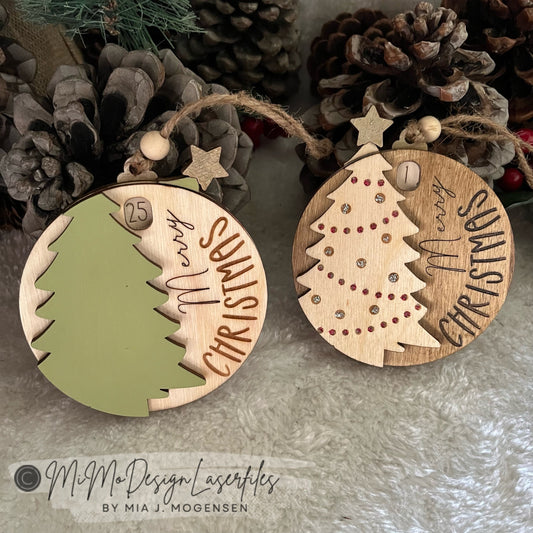 Christmas Tree Countdown Sliding Ornament, Snowflake lever to make it turn & count down 2 versions.