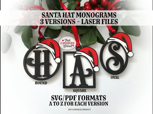 Santa Hat Monogram ornament bundle 3 versions, A to Z, Christmas ornaments, laser files, svg, pdf