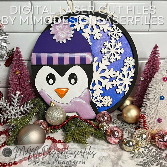 3D Penguin Door Hanger / Sign w. Snowflake Pattern - Christmas Winter Homedecor