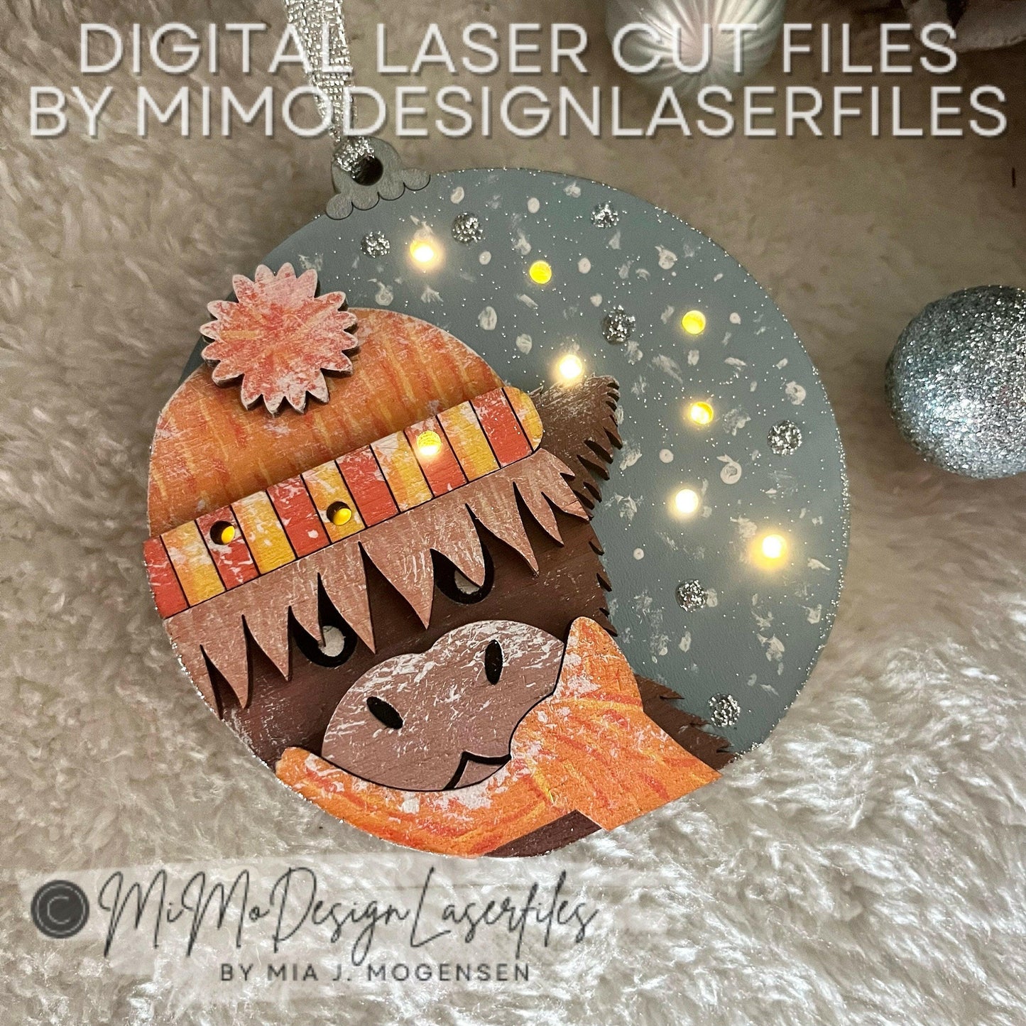 3D Highland Cow Layered Fairy Light Bauble Ornament with battery door to change batteries on LED Lights