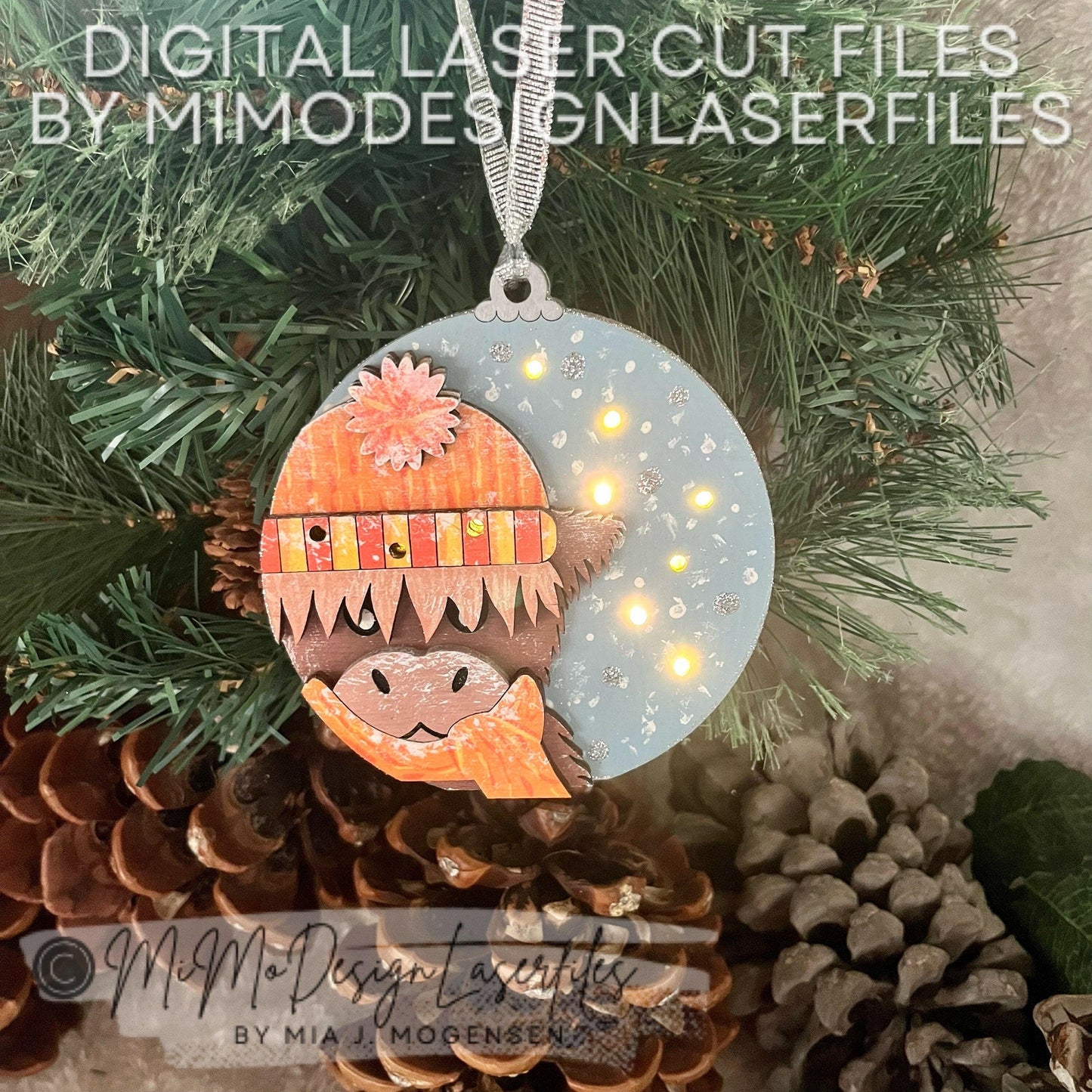 3D Highland Cow Layered Fairy Light Bauble Ornament with battery door to change batteries on LED Lights