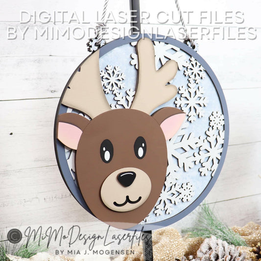 3D Reindeer Door Hanger / Sign w. Snowflake Pattern - Christmas Winter Homedecor