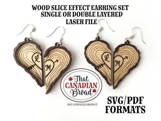 Heart shaped wood slice earring set, 1 or 2 layers, scrap buster, laser file, svg, pdf, digital file