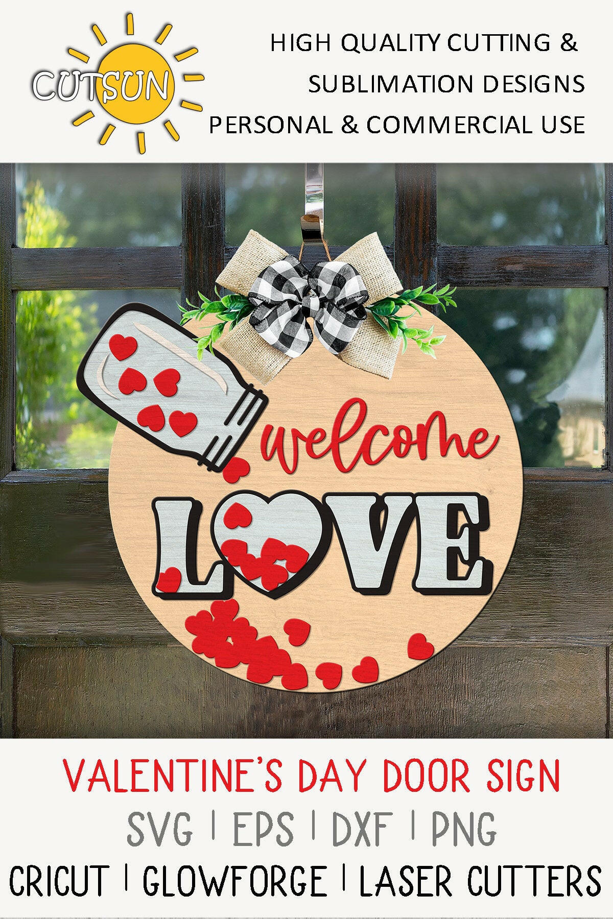 Valentine door hanger SVG Valentines day round sign SVG Welcome love svg Jar with hearts svg Glowforge SVG Laser cut file